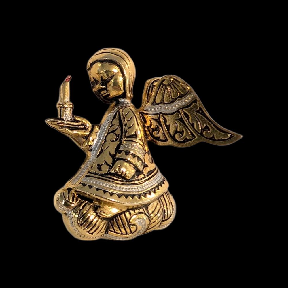 Vintage Damascene Angel Brooch Pin 3D Gold Silver Tone Candle